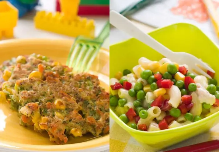 Tortitas de verduras y ensalada de pasta con guisantes, maíz y pimiento rojo. ¡Deliciosas recetas con verduras para niños!
