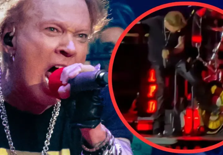 Axl Rose z zespołu Guns N' Roses śpiewa do mikrofonu. W kółku widać fragment sceny z innymi członkami zespołu.