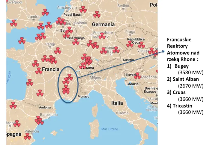 Mapa Europy z zaznaczonymi symbolami elektrowni atomowych, głównie we Francji.