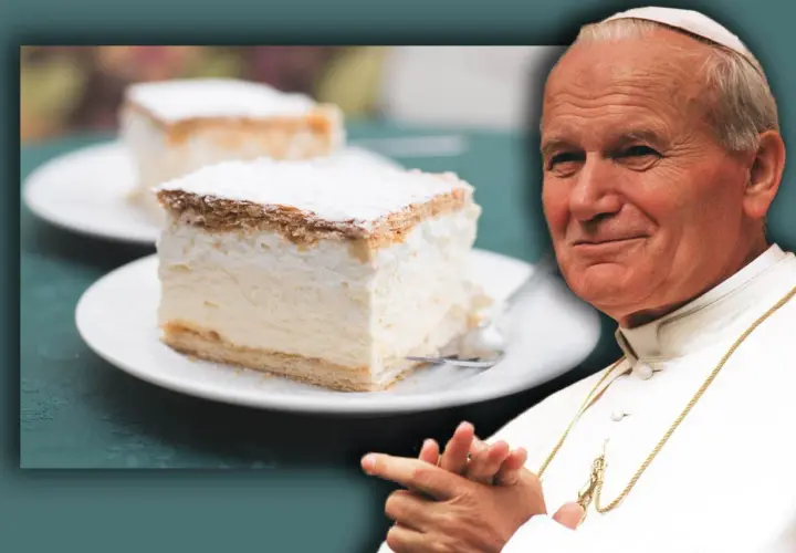 Jan Paweł II i jego ukochane kremówki. Pyszny deser na talerzyku, obok uśmiechnięty Papież.