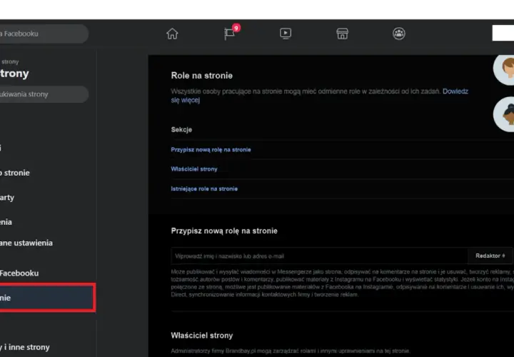 Jak zmienić administratora strony na FB: w menu po lewej wybierz "Role na stronie", aby zarządzać uprawnieniami.