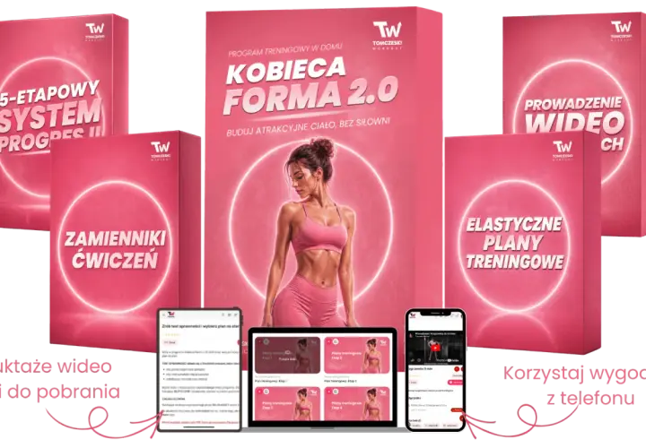 Fit girl na okładce programu "Kobieca Forma 2.0". Zestaw zawiera plany treningowe, instruktaże wideo i zamienniki ćwiczeń.