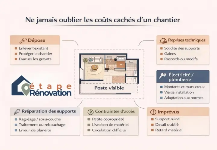 Schéma des coûts cachés d'un chantier de rénovation d'un f3 appartement, incluant dépose, reprises techniques, électricité/plomberie, préparation des supports, contraintes d'accès et imprévus.