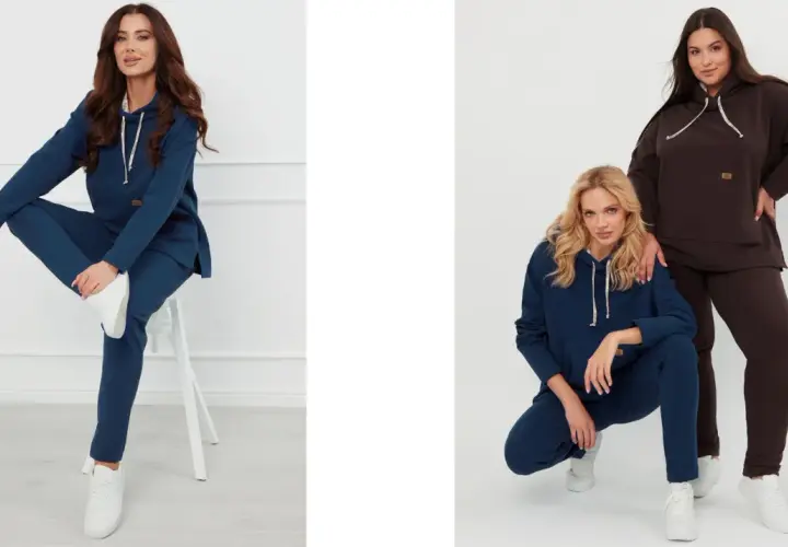 Dwie kobiety w dresach. Jedna w granatowej bluzie basic czarnej, druga w brązowej.
