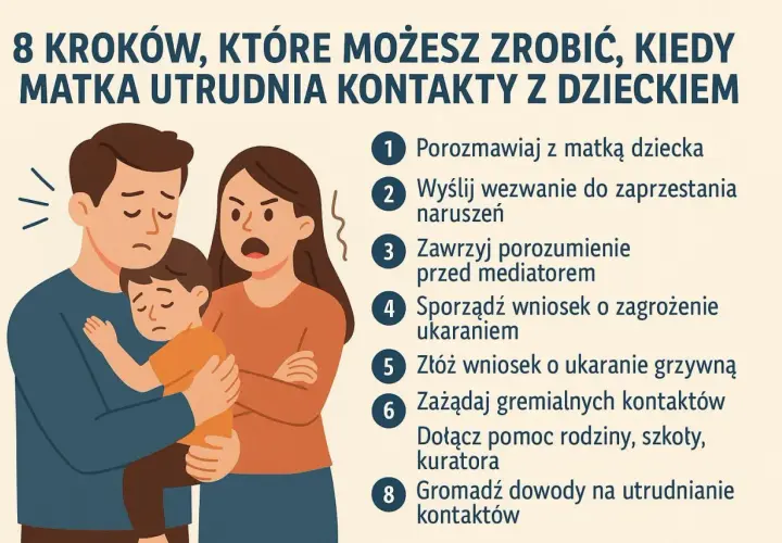 Ilustracja przedstawia rodzinę: smutnego ojca trzymającego dziecko, obok niego złą matkę. Obok lista 8 kroków, gdy matka utrudnia kontakty, w tym "Złóż wniosek o ukaranie grzywną".