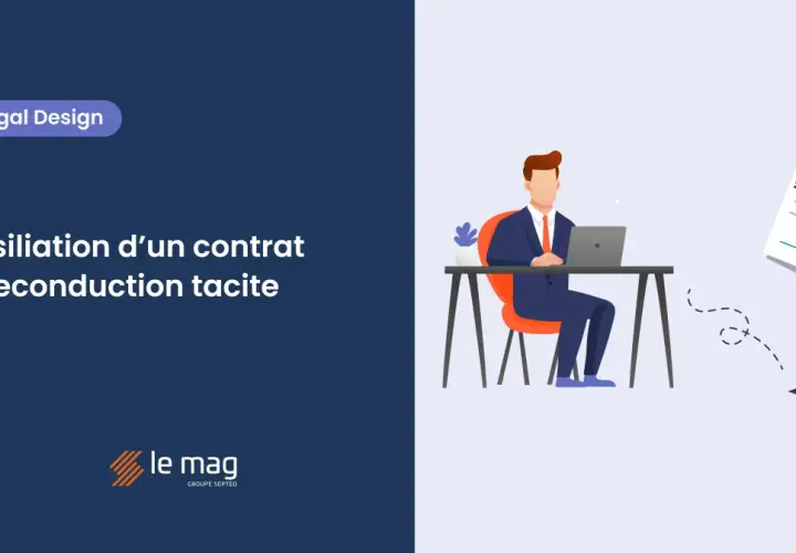 Un homme d'affaires travaille sur son ordinateur, symbolisant la résiliation d'un contrat à reconduction tacite. Un document "2 mois préavis" flotte à côté.
