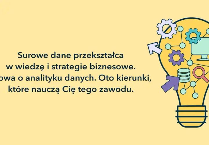 Analiza danych studia: przekształć surowe dane w wiedzę i strategie biznesowe. Grafika przedstawia żarówkę z elementami analizy danych.