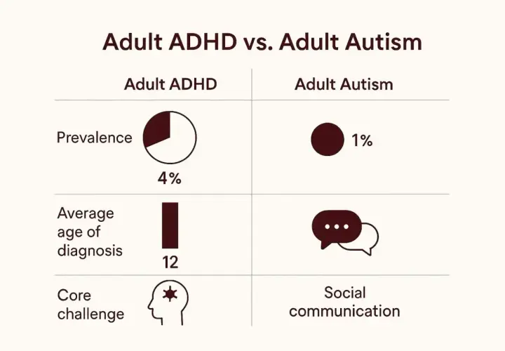 Porównanie ADHD i autyzmu u dorosłych: autyzm dotyka 1% populacji, a jego główne wyzwanie to komunikacja społeczna.
