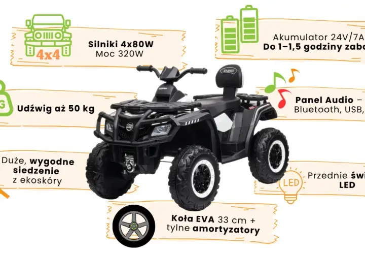 Czarny quad z napędem 4x4 dołączanym automatycznie, silnikami 4x80W, udźwigiem 50 kg, wygodnym siedzeniem, panelem audio i światłami LED.