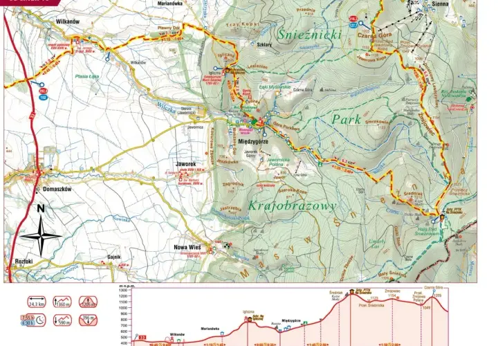 Mapa szlaku turystycznego, fragment Głównego Szlaku Sudeckiego, z zaznaczonymi miejscowościami, szczytami i profilami wysokości.