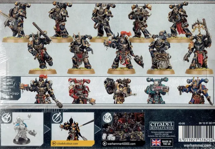 Zestaw figurek Warhammer Chaos Legions. Wojownicy w zbrojach, uzbrojeni w broń palną i białą, gotowi do walki.