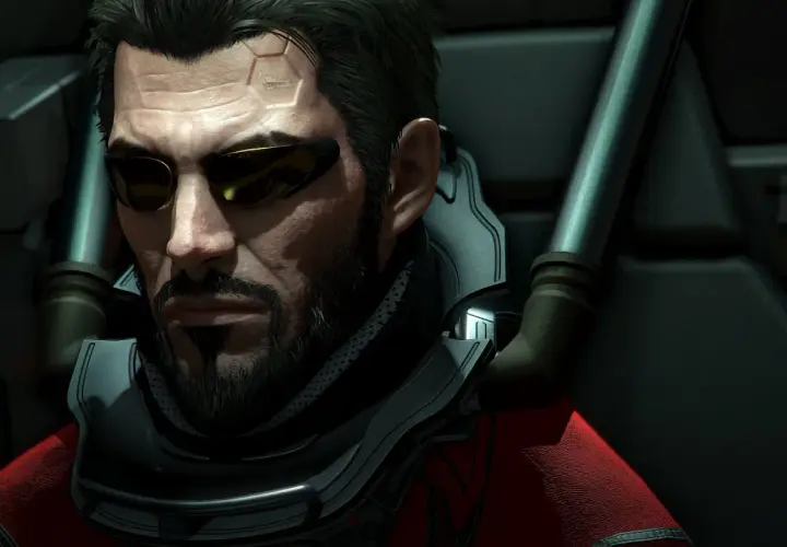Adam Jensen w okularach, z zarostem i cybernetycznymi implantami na czole. Jego postawa sugeruje zmęczenie, jakby był ostatnią deską ratunku, gdy fabuła utknęła, co jest klasycznym przykładem skutków nadmiernego używania deus ex machina w rozwiązaniu f...