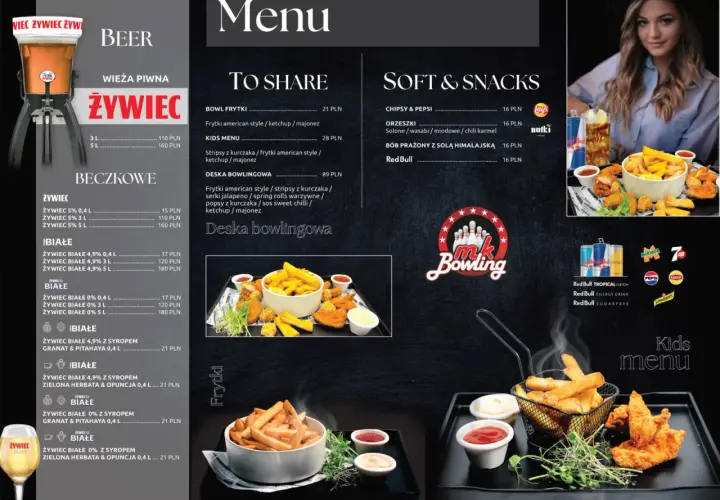 Menu z piwem Żywiec i przekąskami. Deska bowlingowa z frytkami, kurczakiem i sosami.