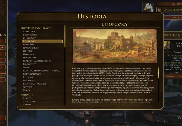 Zrzut ekranu z gry Age of Empires 3: Definitive Edition, przedstawiający menu encyklopedii z cywilizacją Etiopczyków.