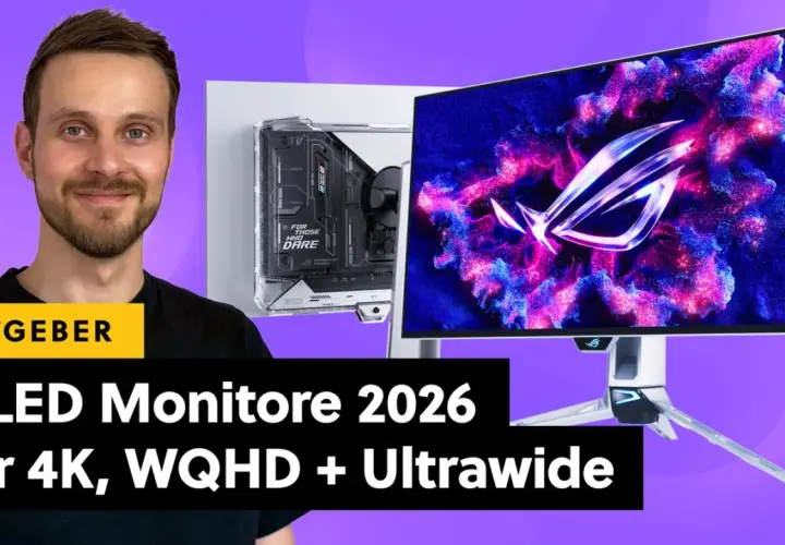 Mann lächelt neben einem PC-Gehäuse und einem OLED Monitor Test mit ROG-Logo. Der Text "OLED Monitore 2026" ist sichtbar.