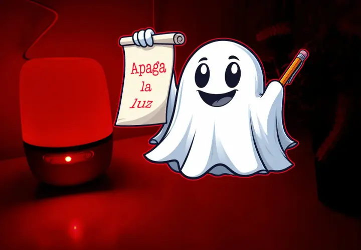 Un fantasma sonriente con un pergamino que dice "Apaga la luz" y un lápiz, junto a una lámpara roja que aún emite un brillo, porque foco downlight se queda un poco con luz.