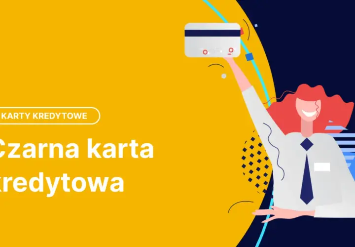 Kobieta z rudymi włosami trzyma w górze kartę kredytową. Napis "Czarna karta kredytowa" na żółtym tle.
