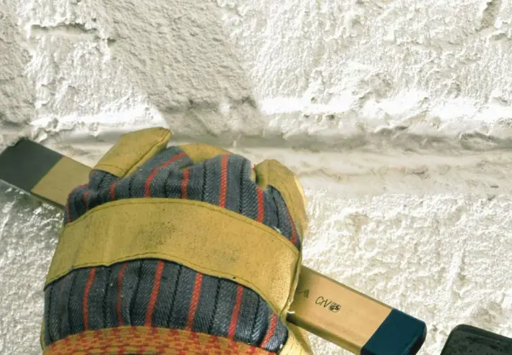Mit einem Meißel wird alter **Putz entfernt**. Eine Hand mit Arbeitshandschuh hält das Werkzeug.