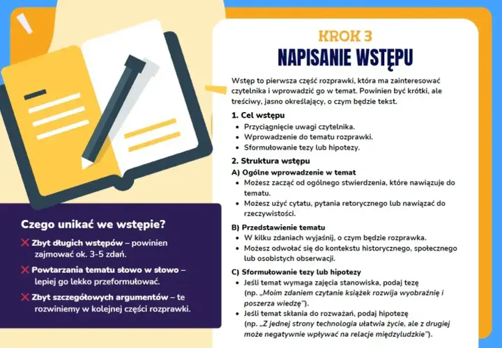 Ilustracja przedstawia otwartą książkę z ołówkiem, symbolizującą pisanie. Obok znajduje się tekst o tym, jak napisać dobry **intro** do rozprawki.