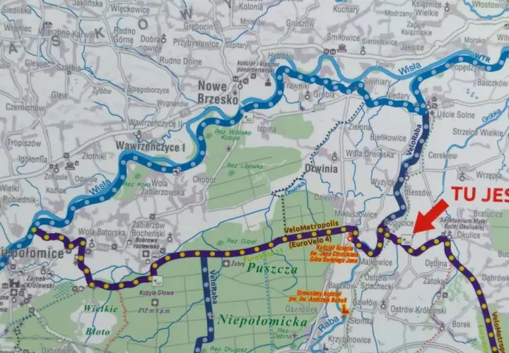 Mapa szlaku rowerowego VeloMetropolis z zaznaczoną trasą EuroVelo 4 i 11. Czerwona strzałka wskazuje "TU JESTEŚ" w okolicach Bogucic.