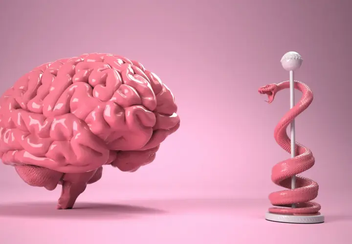 Un cervello rosa lucido e un serpente stilizzato avvolto attorno a un bastone, che simboleggiano il cervello rettiliano.