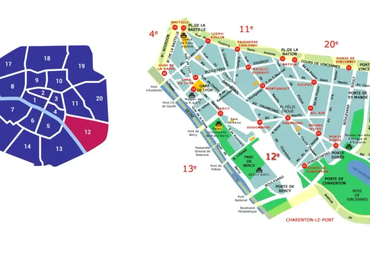 Mapa Paryża z zaznaczonymi dzielnicami. 12 dzielnica Paryża, oznaczona kolorem różowym, znajduje się na wschodzie.