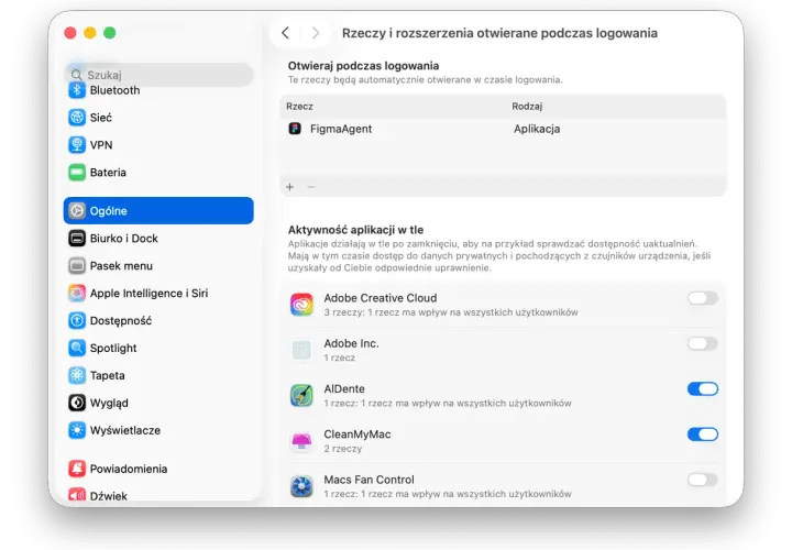 Ustawienia systemowe Maca: wyłącz niepotrzebne aplikacje w tle, by przyspieszyć MacBooka. Zobacz, co uruchamia się przy logowaniu.