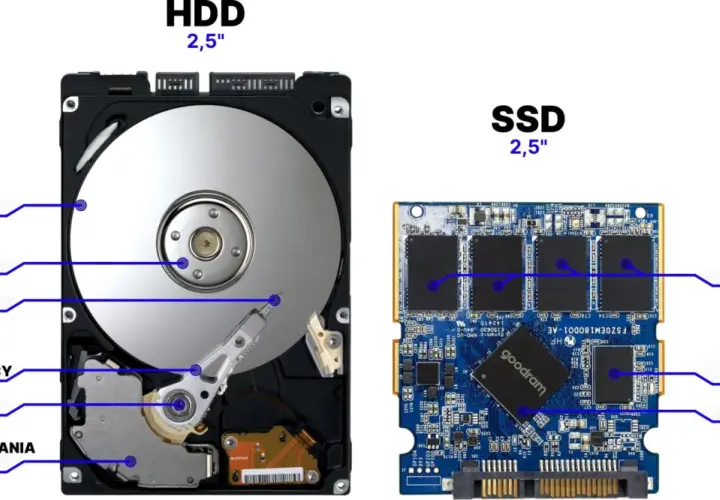 Porównanie pamięci masowej komputera: HDD z wirującymi dyskami i głowicami oraz SSD z pamięcią flash.