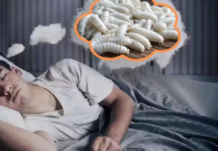 Un joven duerme plácidamente, pero su mente parece soñar con gusanos blancos, una imagen inquietante que flota sobre él.