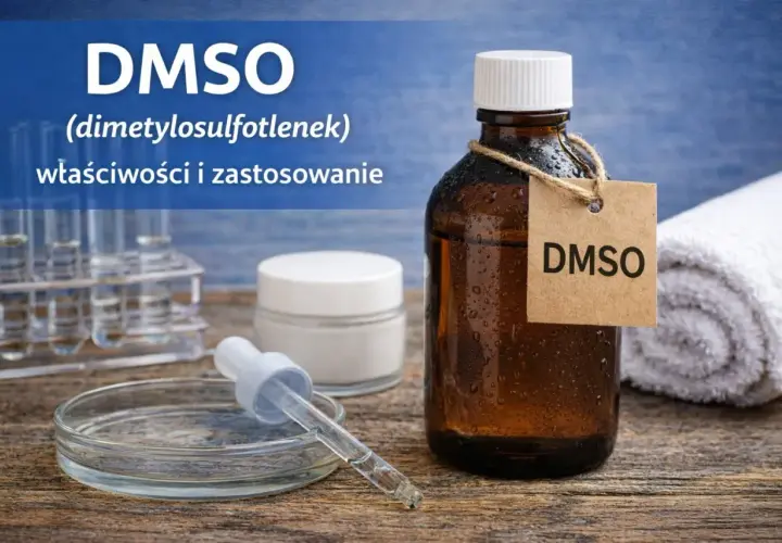Butelka z DMSO, obok krem i probówki. Dowiedz się, dmso co to jest i jakie ma właściwości.