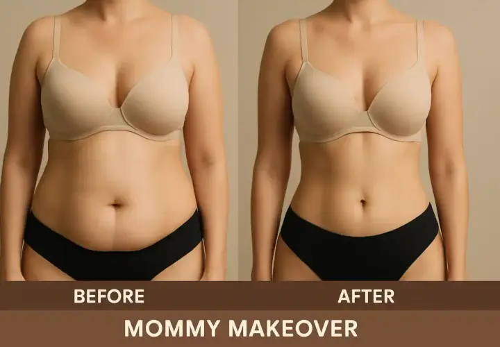 Före- och efterbilder av en mommy makeover. Bilden visar en kropp före och efter ingreppet, med texten "MOMMY MAKEOVER" och "RISKER" synlig.
