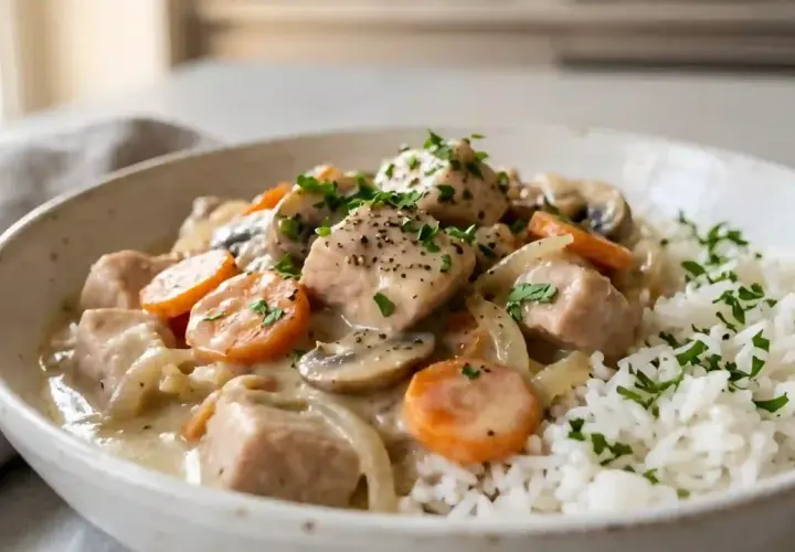 Un réconfortant blanquette de dinde avec des carottes, champignons et oignons, servi avec du riz blanc et garni de persil frais.