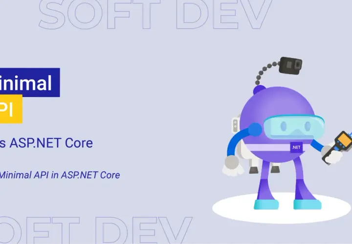 Un personnage violet avec un masque de plongée et un appareil .NET, explorant le monde de la Minimal API dans ASP.NET Core.
