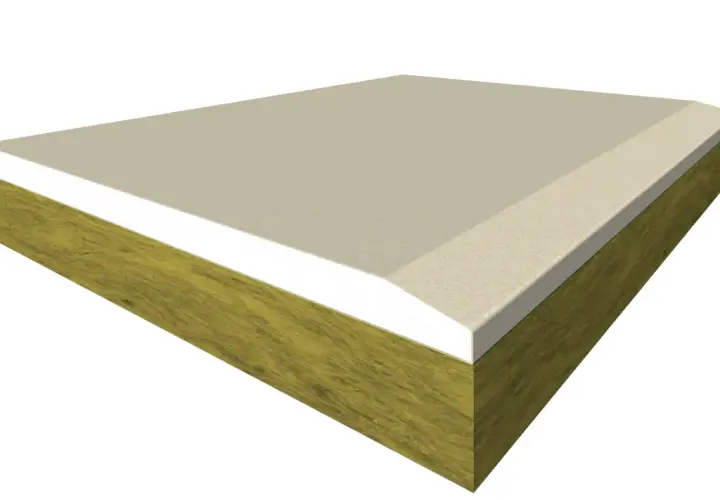 Sezione di un controsoffitto in cartongesso con isolamento in lana di roccia, per un'ottima performance termica e acustica.