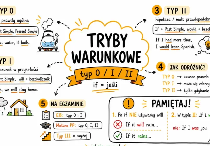 Materiały do nauki trybów warunkowych (typ 0, I, II) na egzamin z języka angielskiego.
