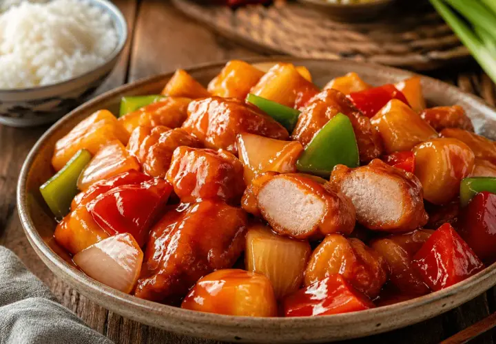 Sabroso cerdo agridulce con trozos de piña, pimientos y cebolla en una salsa brillante.