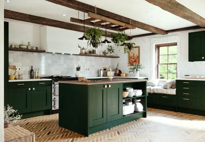 A rustic DIY kitchen remodel cost is managed with dark green cabinets, exposed beams, and a herringbone floor.