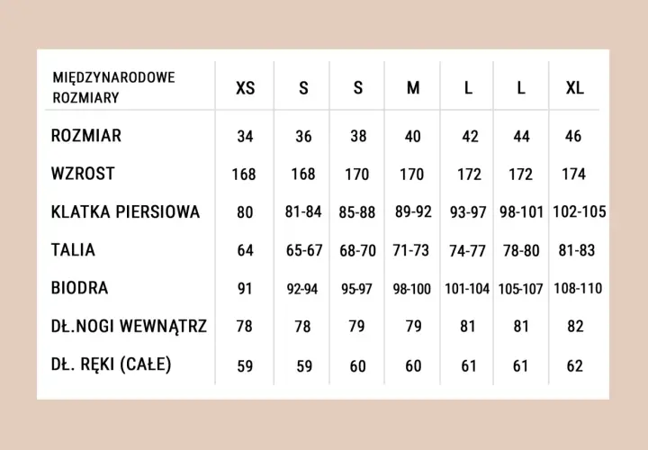 Tabela wymiarów odzieży: rozmiar, wzrost, klatka piersiowa, talia, biodra, długość nogi i ręki dla rozmiarów XS-XL.