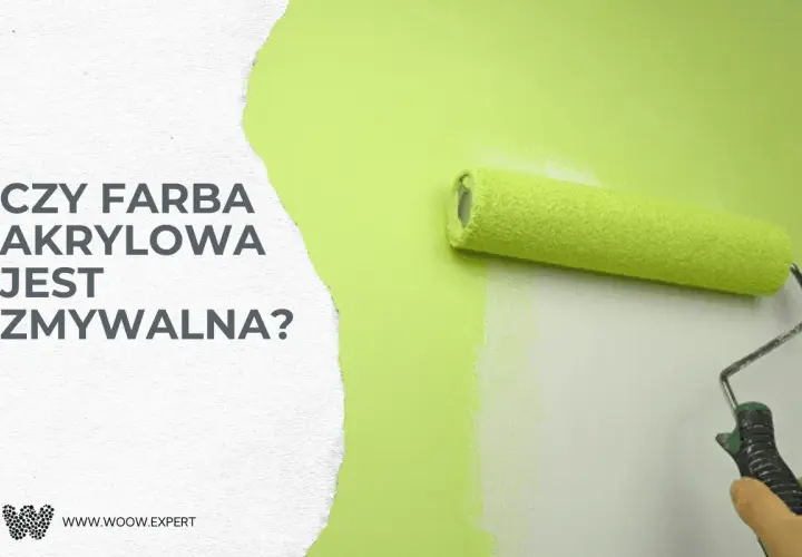 Wałek malarski pokrywa ścianę zieloną farbą. Tekst pyta: czy farba akrylowa jest zmywalna?