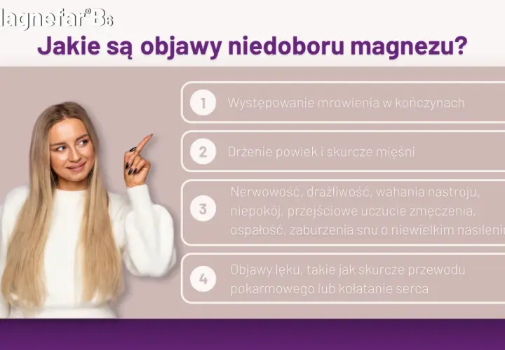 Kobieta wskazuje na listę objawów niedoboru magnezu: mrowienie, drżenie powiek, nerwowość, lęk.