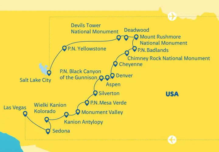 Mapa USA z zaznaczonymi trasami i atrakcjami, w tym parki narodowe USA, jak Yellowstone i Wielki Kanion Kolorado.