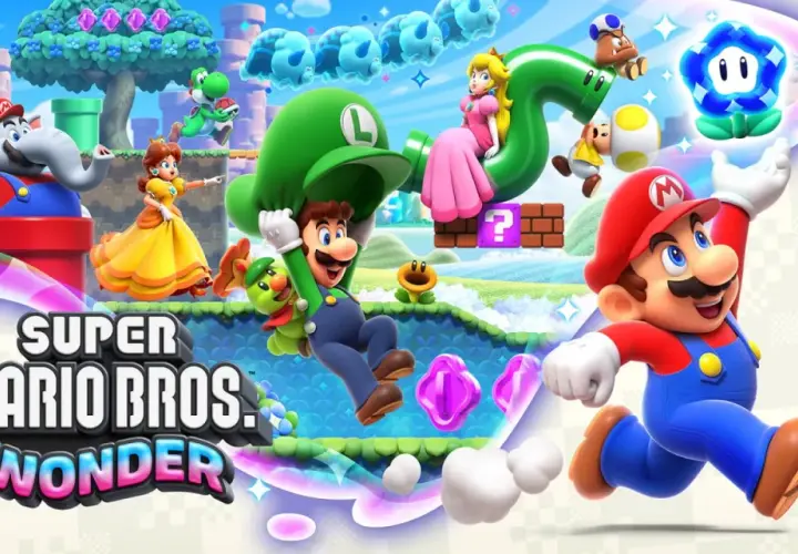 Mario, Luigi, Peach, Daisy, Yoshi, Goomba, Blooper i Słoń w kolorowym świecie Super Mario Bros. Wonder.