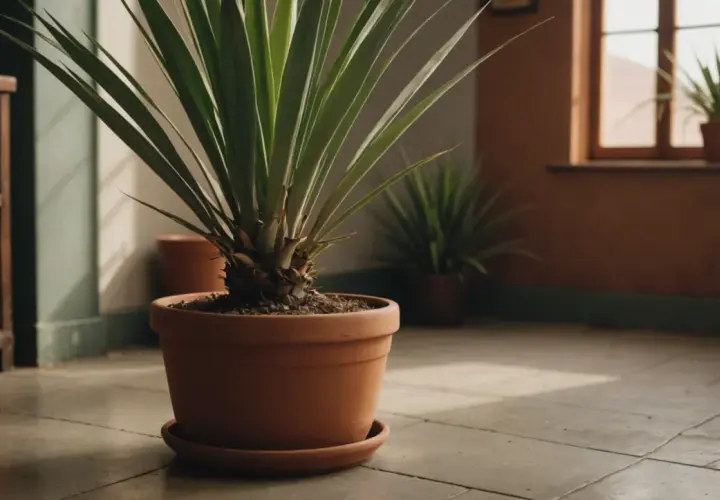 Gros plan sur un yucca en pot, ses longues feuilles tombantes créant une ombre douce sur le sol. D'autres plantes similaires sont visibles en arrière-plan.
