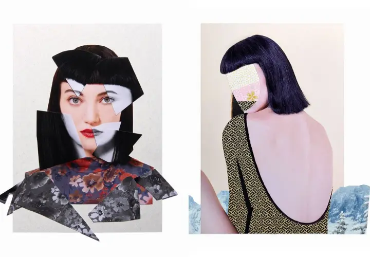 Zwei Gesichter in einer digitalen Collage: Ein zerstückeltes Porträt mit roten Lippen und ein Rückenansicht mit gemustertem Stoff.