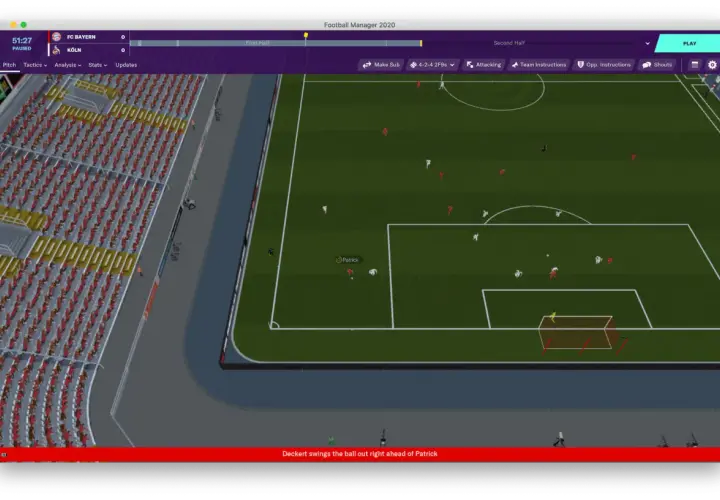 Mecz Football Manager 2020, FC Bayern vs Köln. Patrick jest blisko piłki, gdy Deckert ją wykopuje. Formacja 4-2-4.