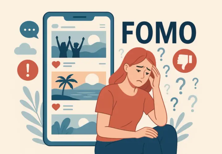 Smutna dziewczyna zmartwiona tym, co widzi w mediach społecznościowych. Czy to FOMO?