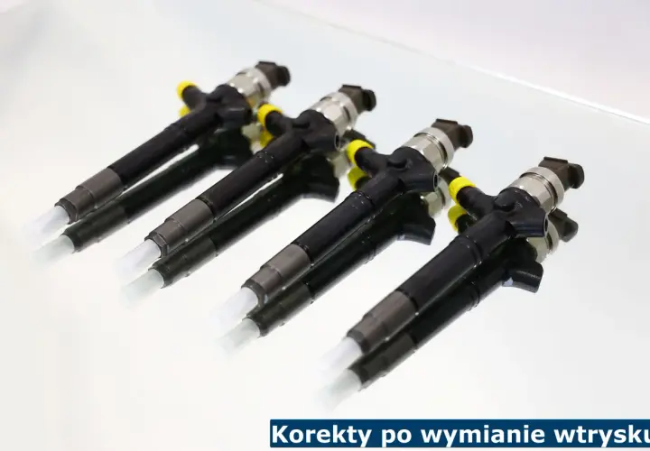 Cztery nowe wtryskiwacze diesla z żółtymi zatyczkami, gotowe do montażu, zapewniają prawidłowe wartości wtryskiwaczy.