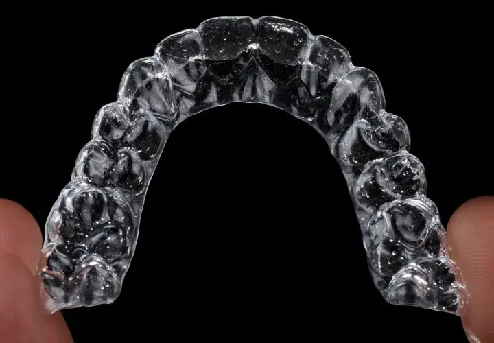 Dita tengono un apparecchio trasparente, un esempio di ultima generazione protesi dentarie mobili invisibili, per un sorriso perfetto.