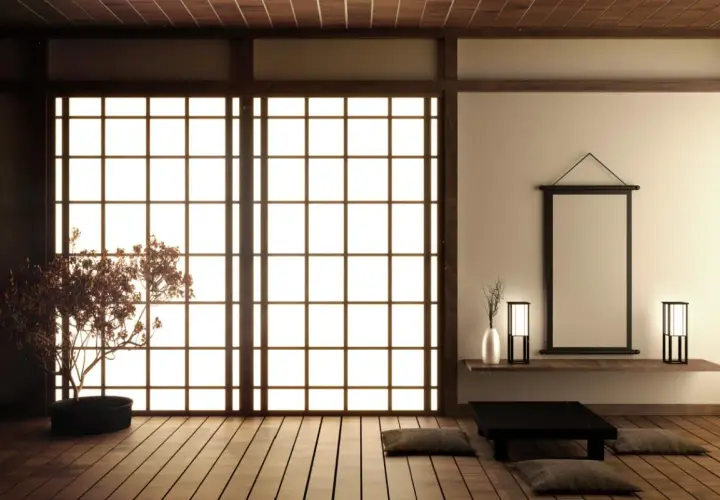 Minimalist Japanese room with shoji screen, bonsai tree, and low table.