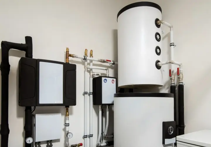 Instalacja pompy ciepła z zasobnikami i rurami. Widoczny panel sterowania, który może wpływać na histerezę pompy ciepła, zapewniając optymalną pracę systemu.